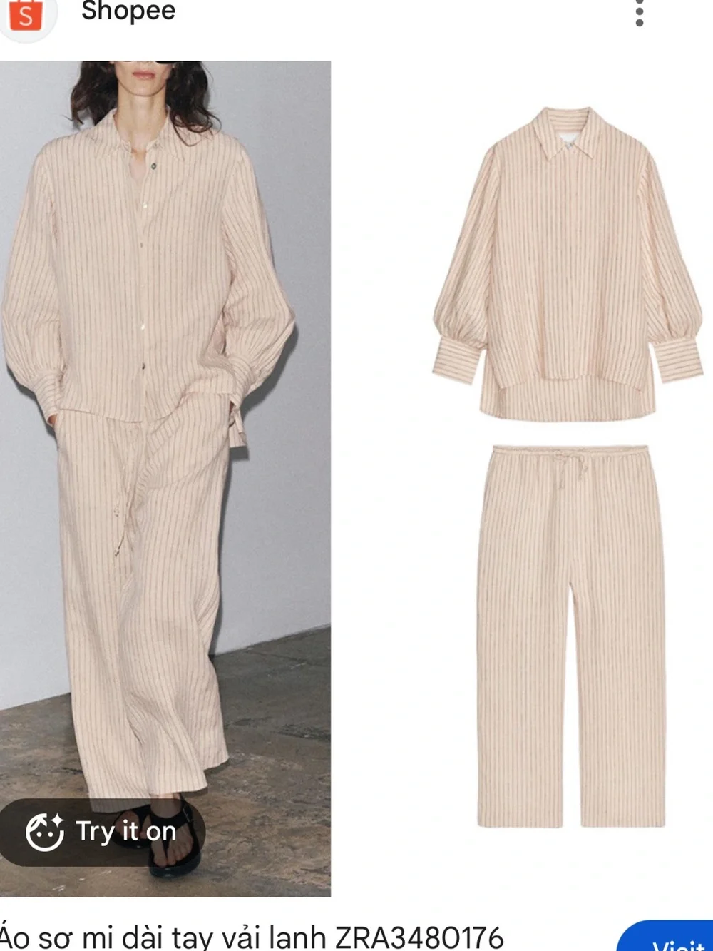 Zara 100% linen Beige Pinstripe Wide-Leg Pants and Blouse Set